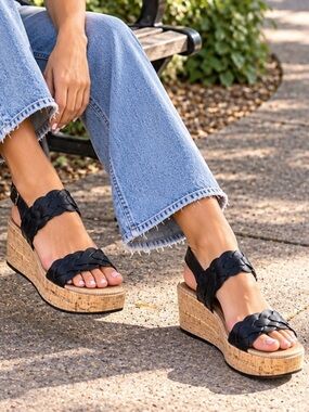 Nordstrom Rack Pennie Black Braided Cork Platform Sandals Women’s Size 9M